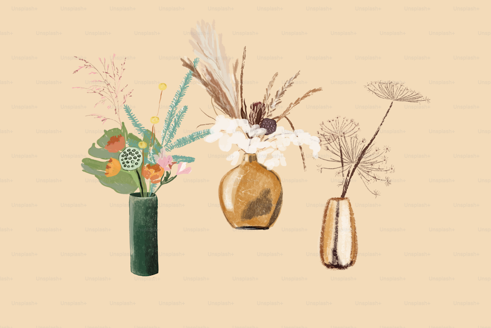 Set of bouquets in vases in pastel tones. Vector illustration in flat style. Floral compositions of mimosa nobilis monstera tulips nelumbo Craspedia Miscanthus, pampas grass, Eucalyptus, Heracleum
