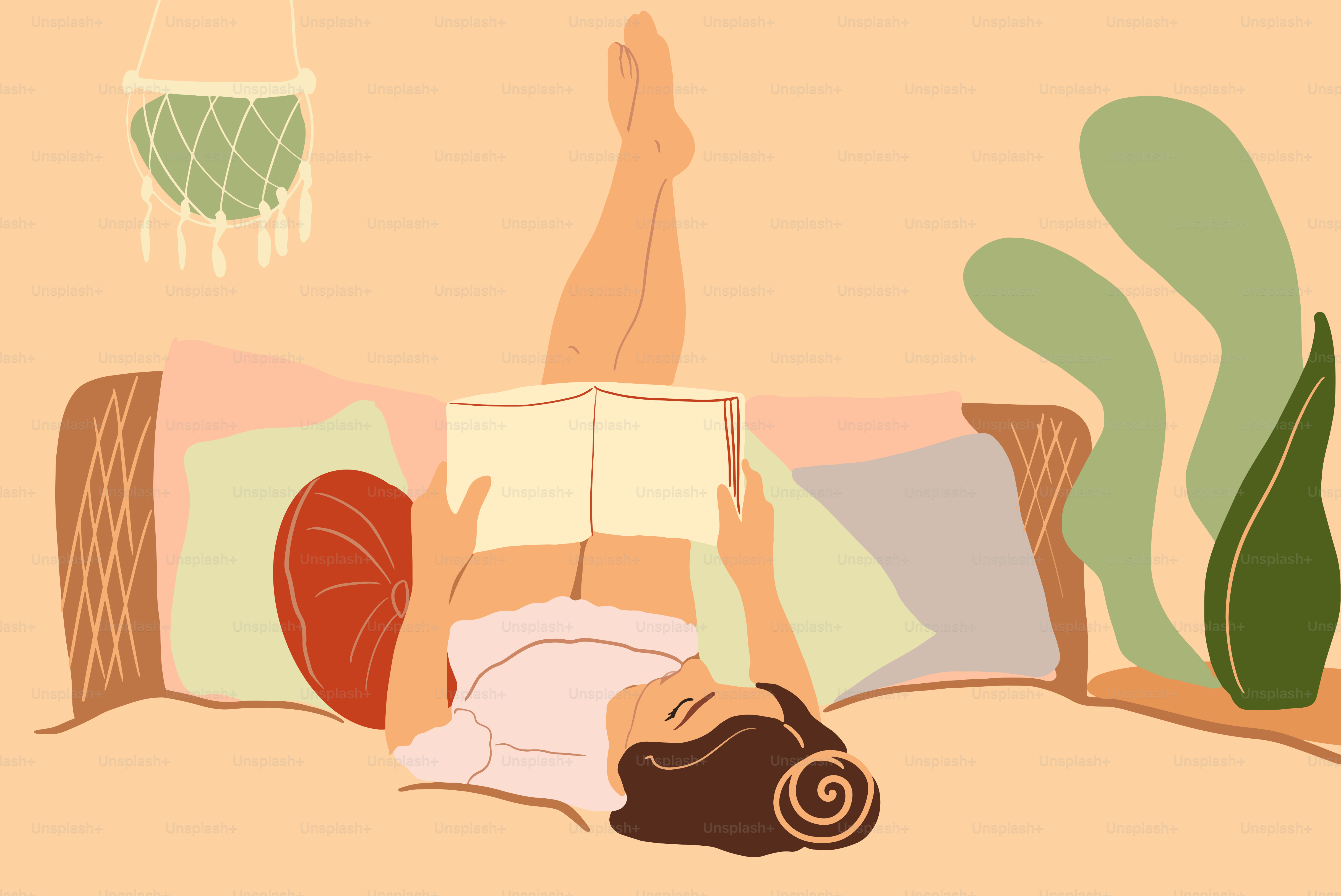 Frau, die ein Buch liest und auf dem Bett ruht, in gemütlicher heimlicher Atmosphäre. Bleib-zu-Hause-Konzept. Bunte Vektorillustration im flachen Cartoon-Stil