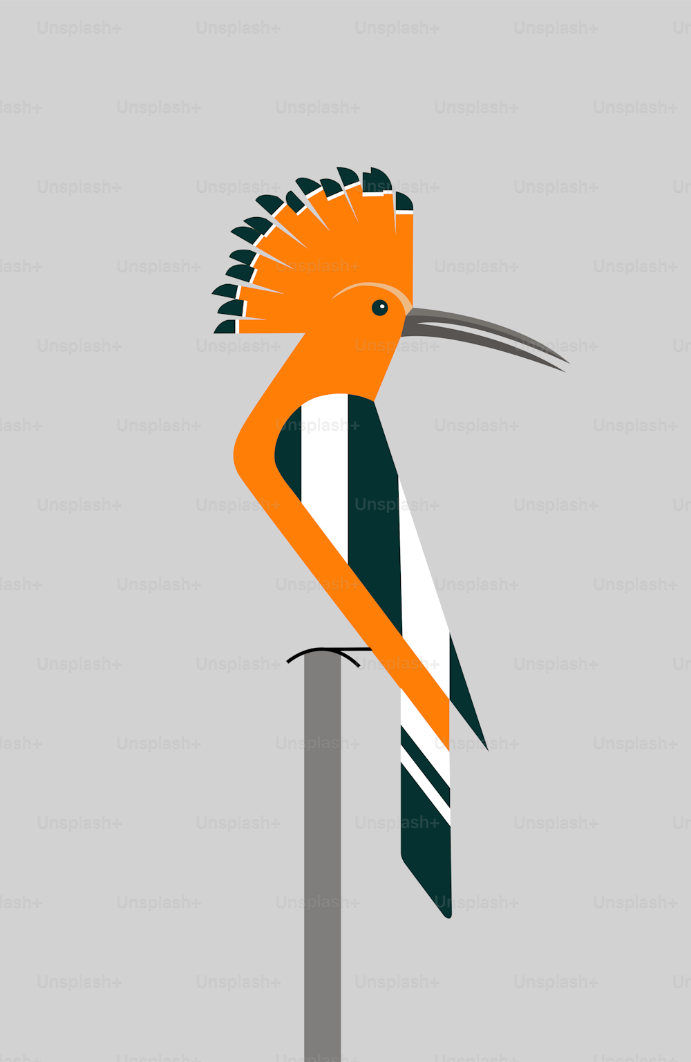 Orange hoopoe sits on a branch with an unfolded crest, minimalism