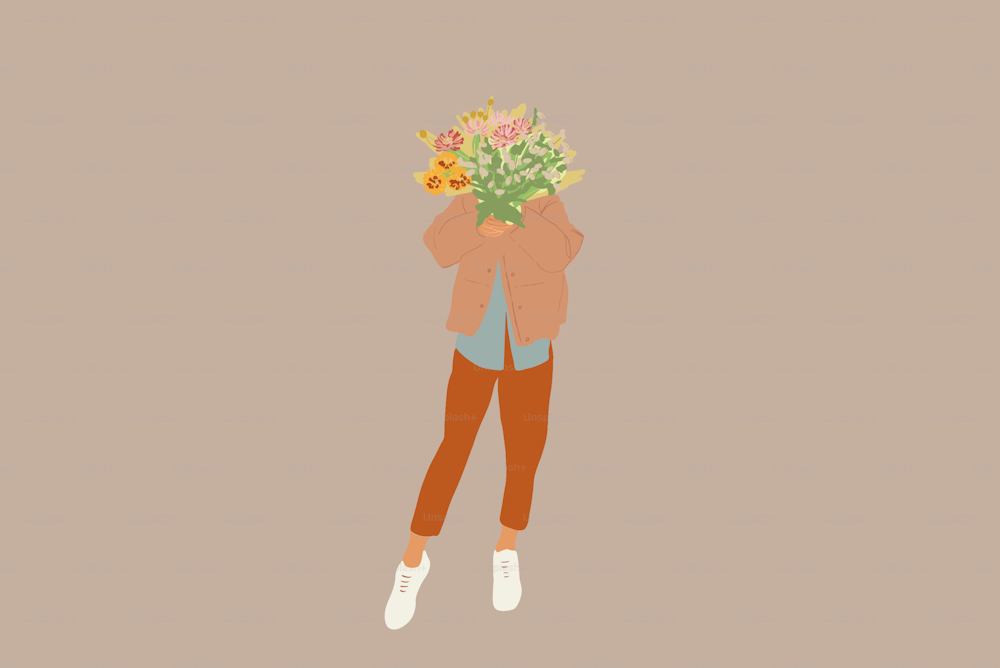 Woman keeping a large spring bouquet instead her head. Vector illustration in flat style and pastel tones.