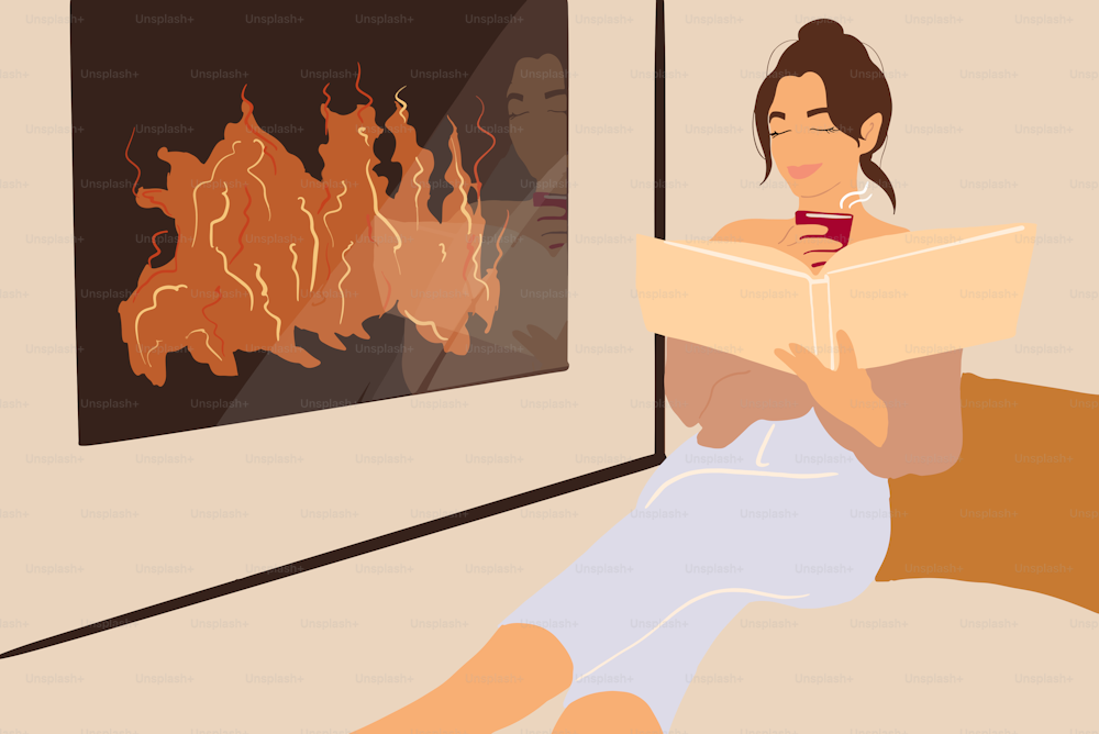 Frau liest Buch, während sie sich zu Hause in der Nähe des Kamins entspannt. Vektorillustration im flachen Cartoon-Stil