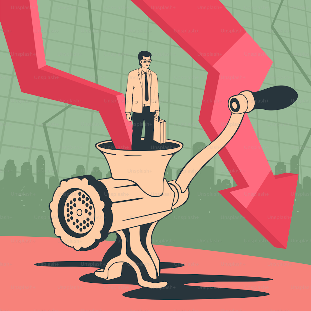 Ilustración vectorial Hombre de negocios en bancarrota Hombre de negocios en concepto de picadora