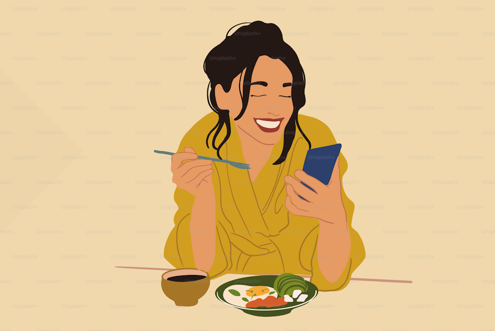 Pretty woman in yellow bathrobe enjoys breakfast in the morning, eating eats fried egg with avocado and fish and coffee while using a phone. Vector illustration. Healthy diet concept.