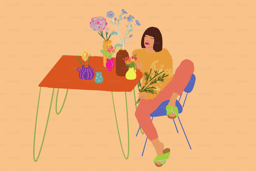 Beautiful woman sitting relaxed by the table decorated with different flowers on background. Beauty and flower decoration concept. Vector illustration