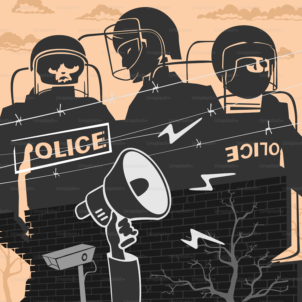 Illustrazione vettoriale Protesta e Squadra di Polizia