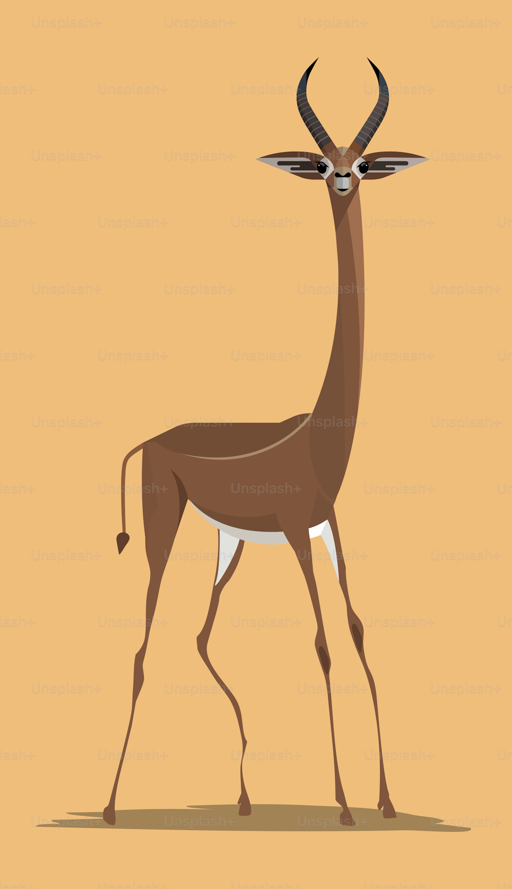 Graceful male gerenuk giraffe gazelle on orange background, stylized image, vector illustration