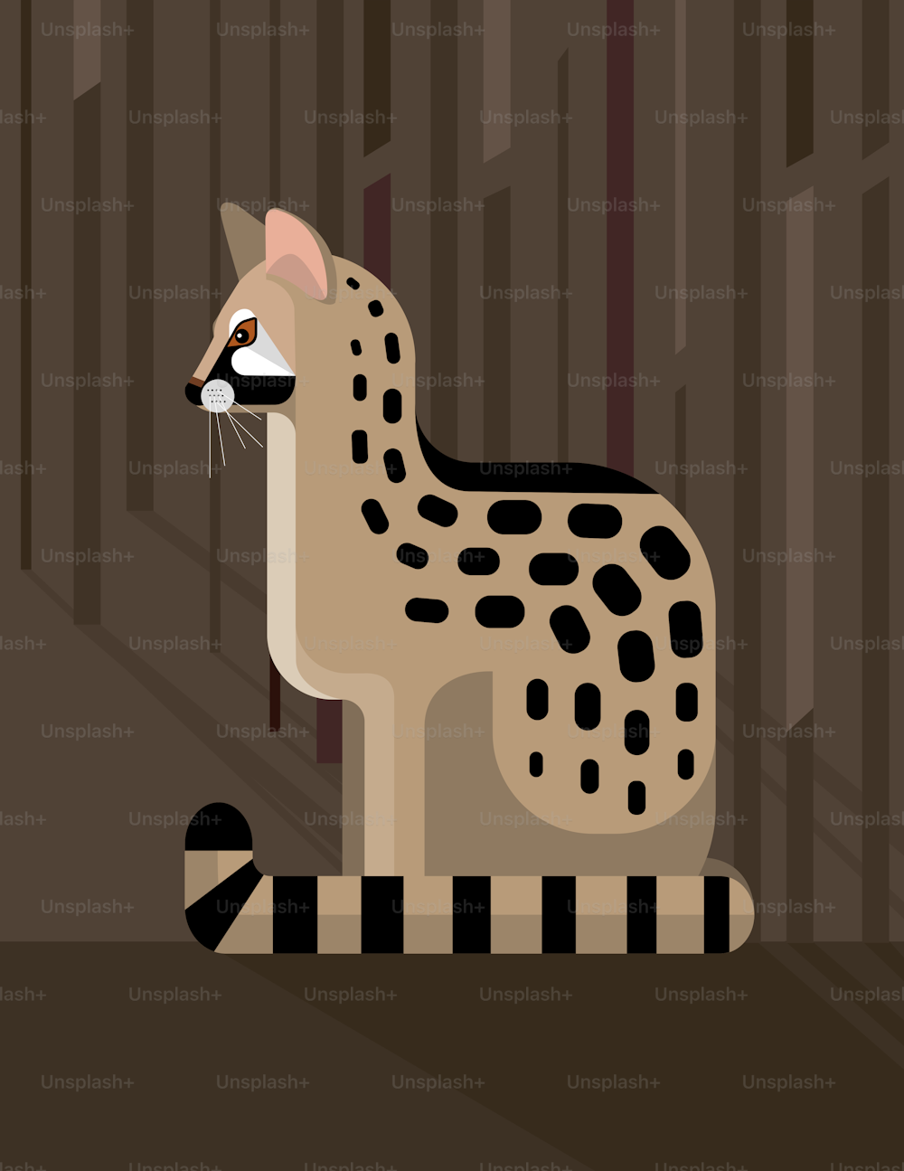 Seated genet on the night forest background, stylized image