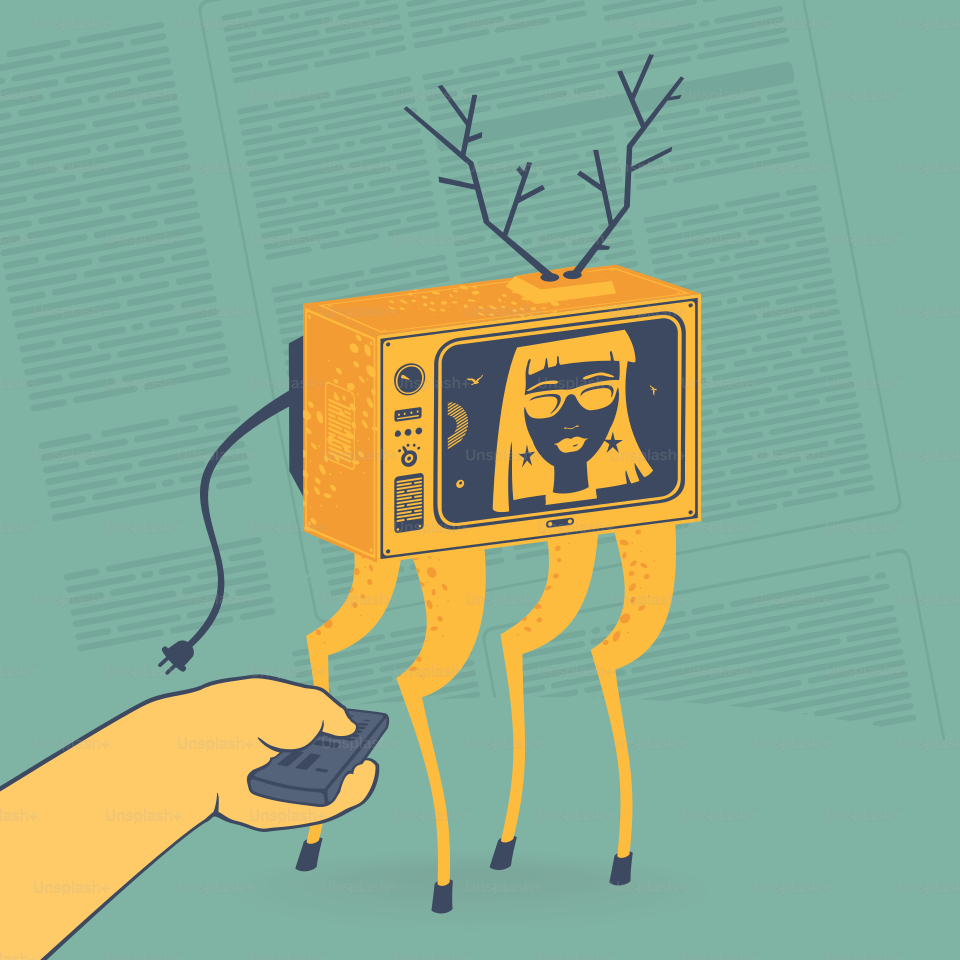 벡터 일러스트레이션 TV와 원격 개념을 들고 있는 손