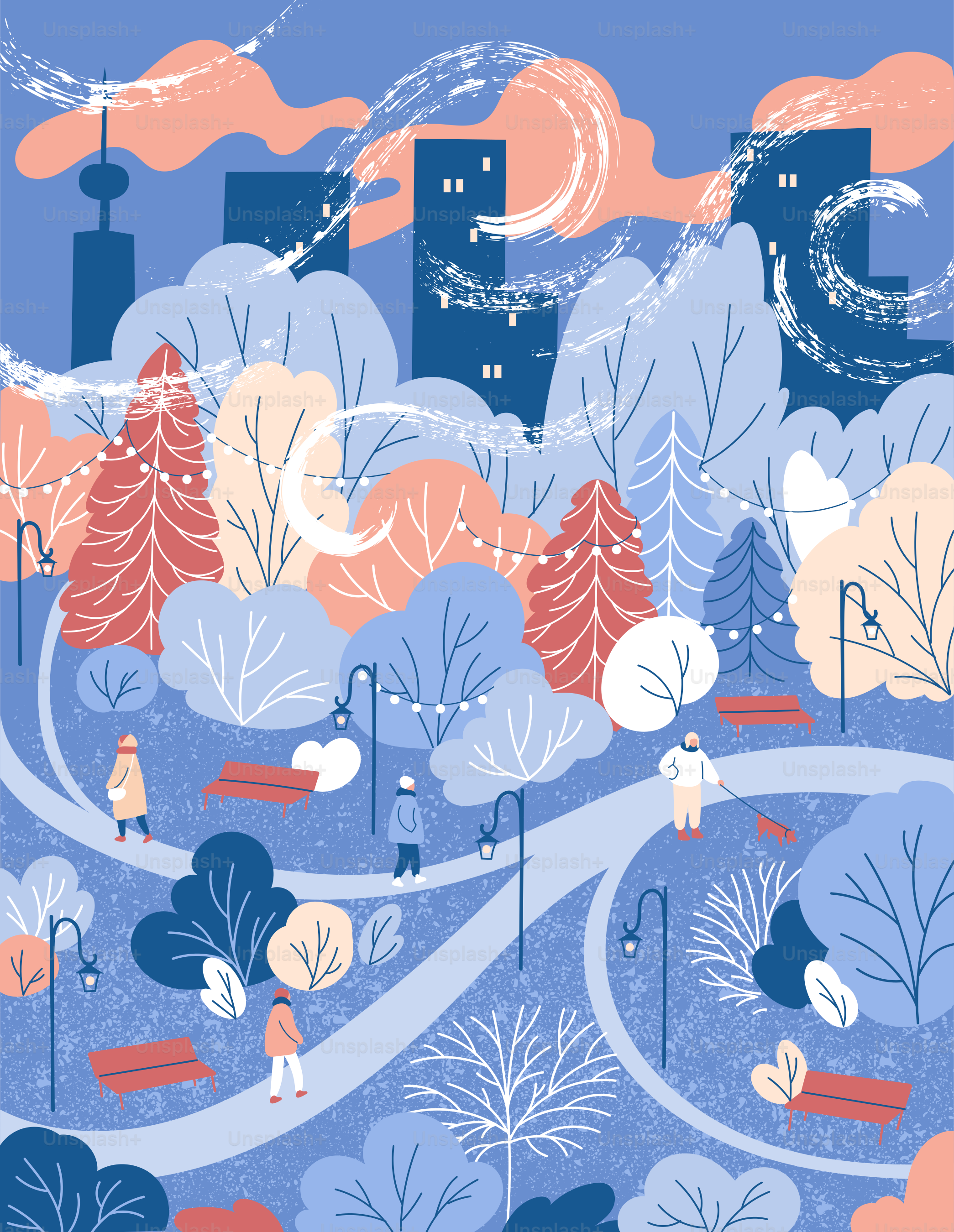 Winter evening city. People walking in the park.