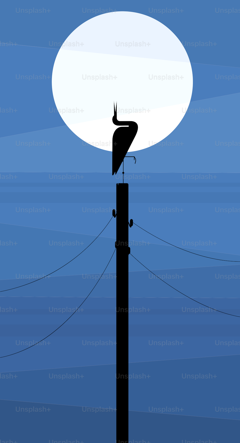 Silueta de una cigüeña en un poste de la línea eléctrica contra el fondo del cielo vespertino, imagen estilizada, ilustración vectorial