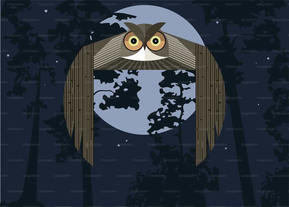 Coruja voadora contra o céu iluminado pela lua e silhuetas de pinheiros