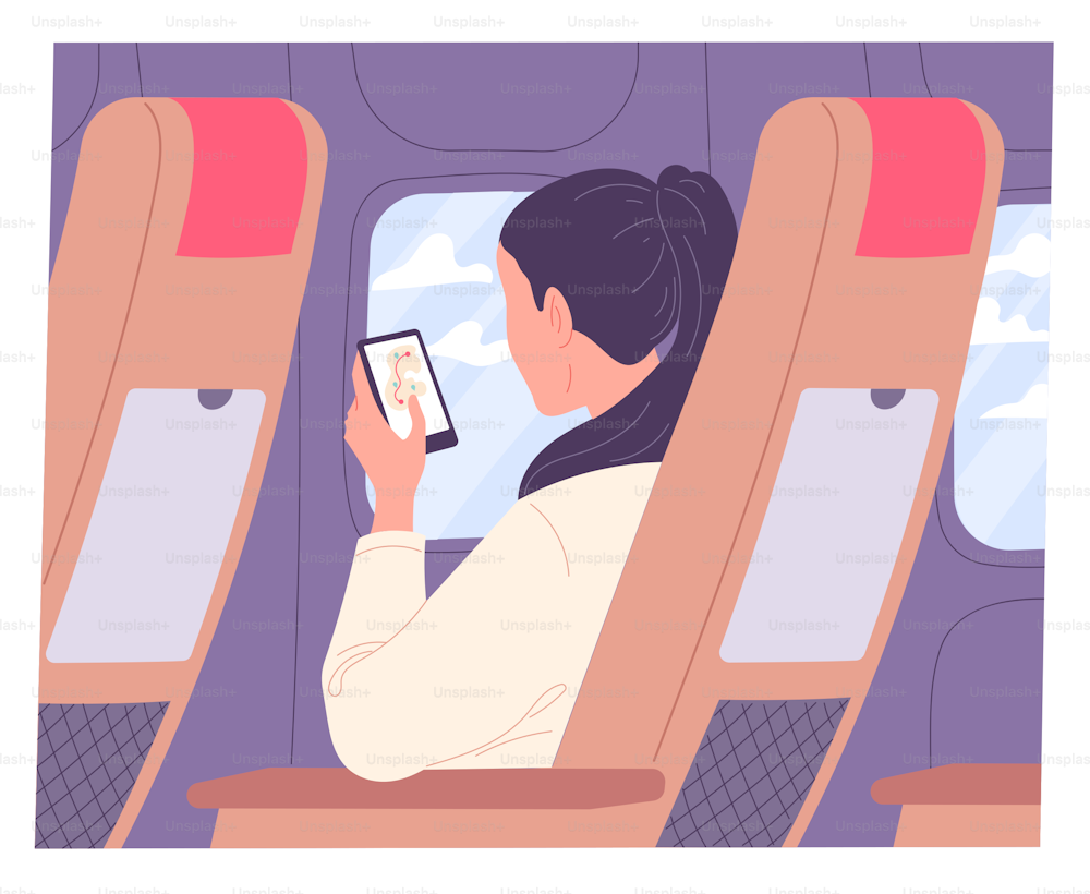 Woman with smartphone on airplane during flight.