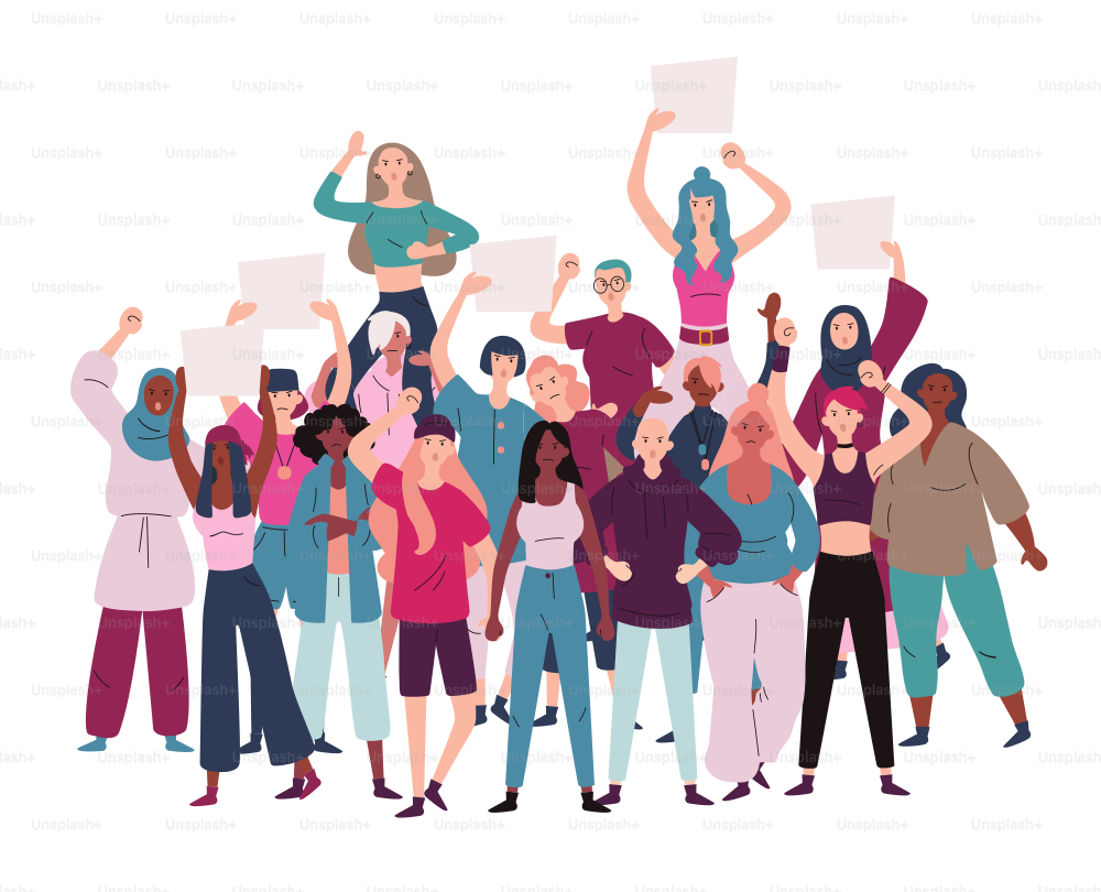 Crowd of demonstrators female protesting for equality and women empowerment.