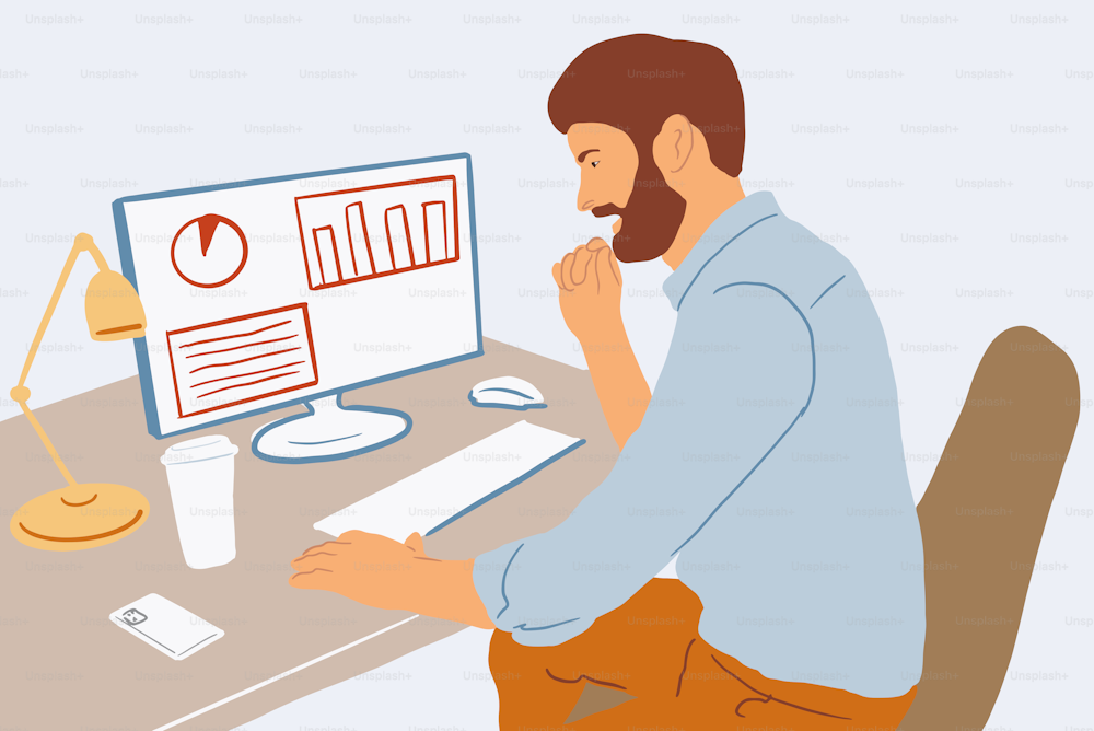 Man having some work on the desktop computer sitting at home or office alone. Colorful vector illustration in flat cartoon style