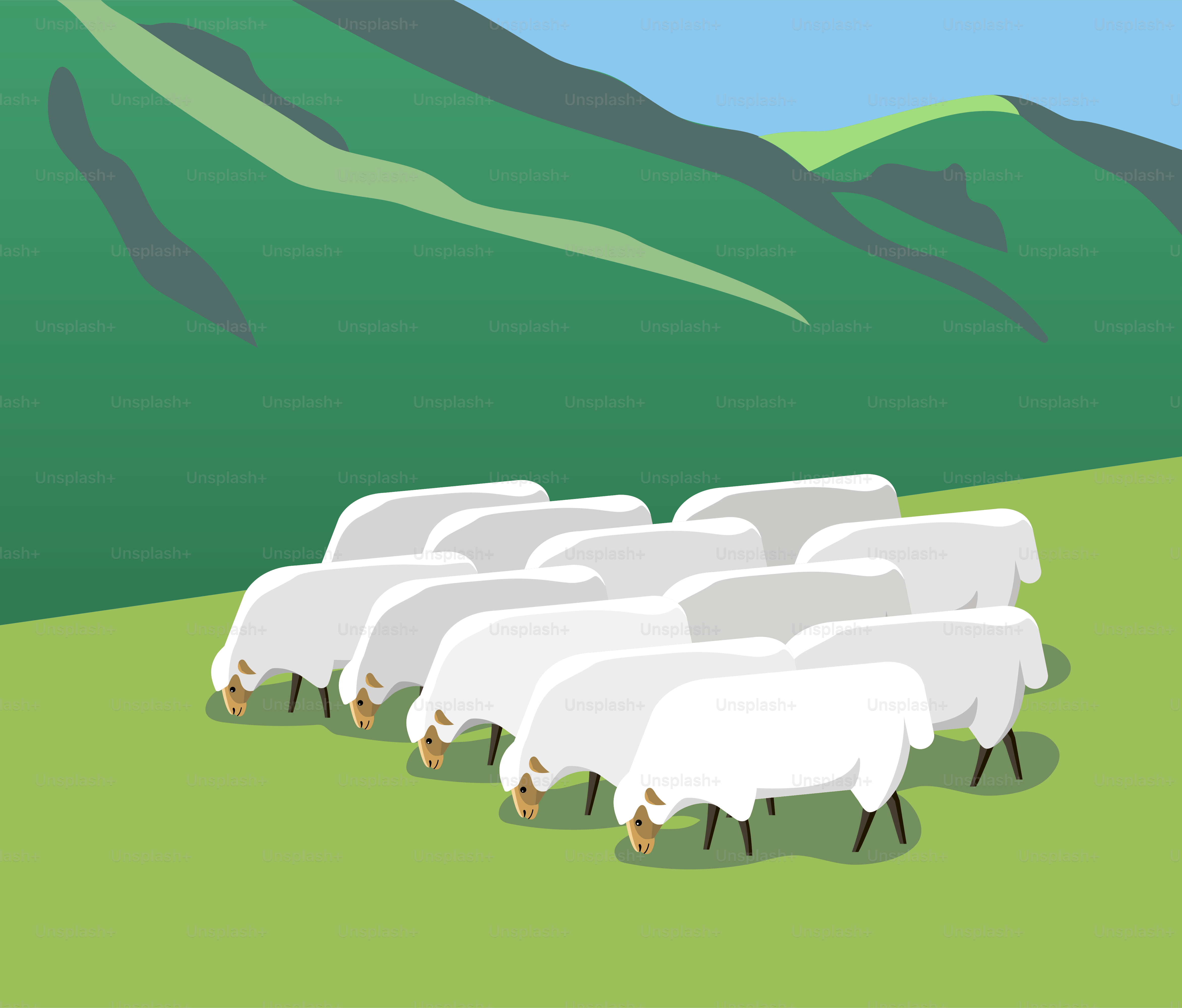 Um rebanho de ovelhas pasta em um pasto de montanha, estilo minimalista
