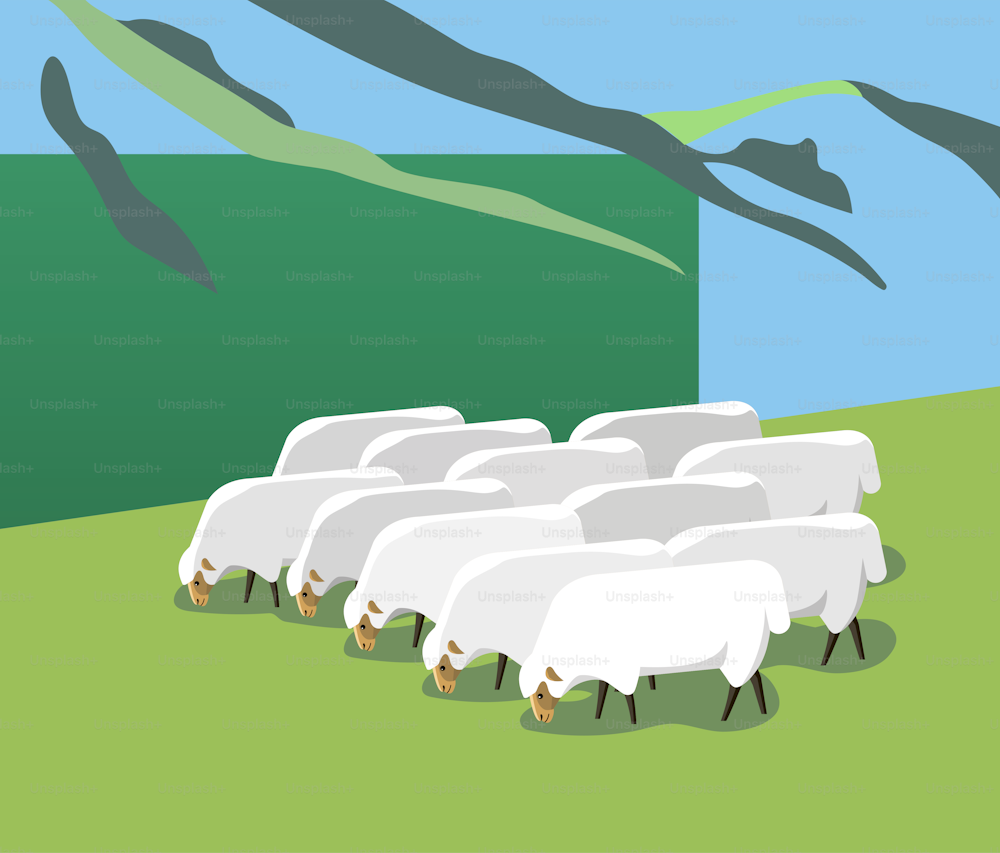 A flock of sheep grazes on a mountain pasture, minimalist style