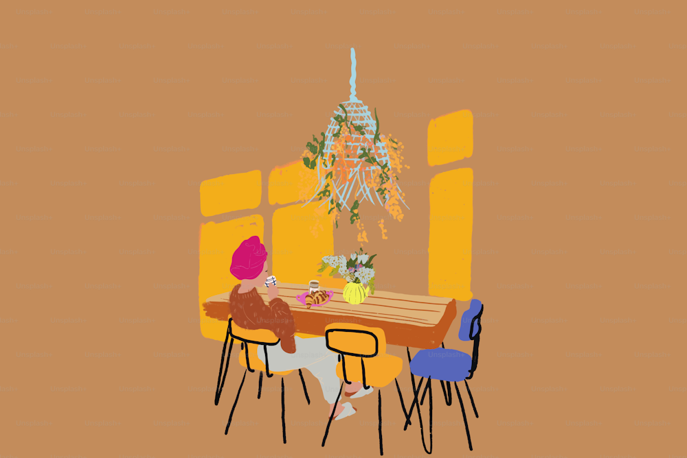 Mulher tomando um café da manhã, sentada à mesa de madeira e tomando café na sala de estar ensolarada. Conceito de aconchego e estilo caseiro. Ilustração vetorial