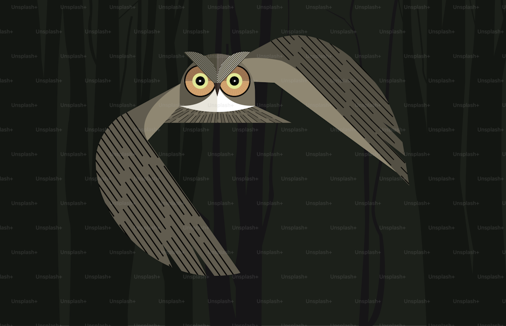Owl flies in the night forest on dark background