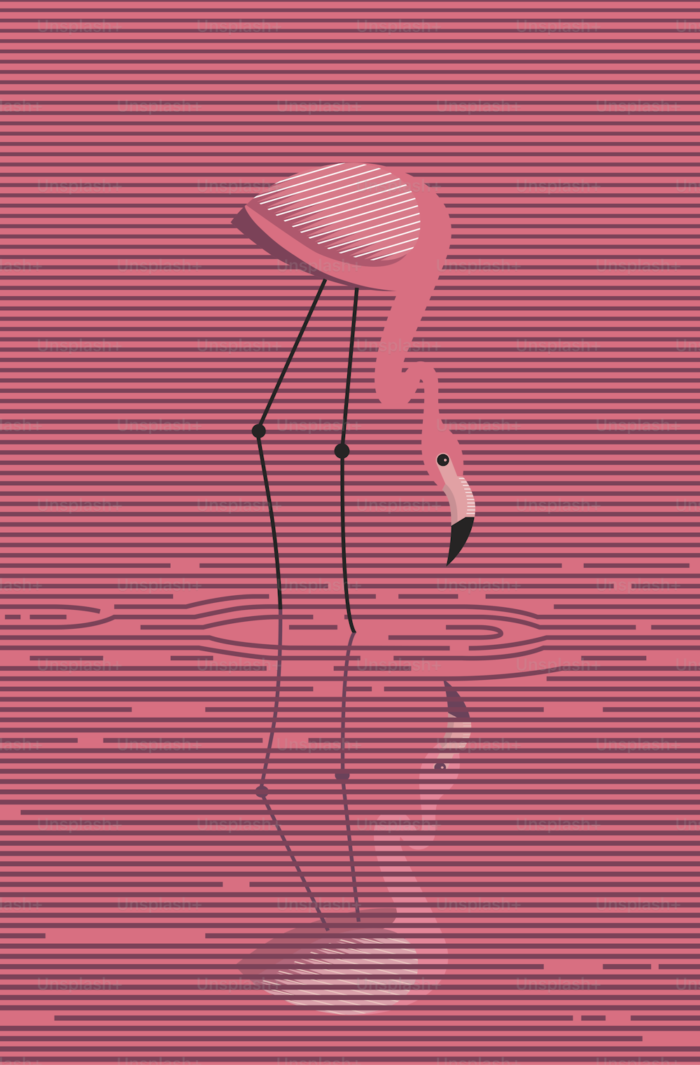 우아한 핑크 플라밍고는 핑크 일몰 배경, 벡터, 미니멀리즘 이미지에 물 속에 서 있다