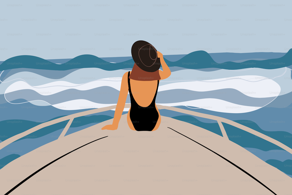 Mujer con sombrero y traje de baño disfrutando de un viaje por mar sentada en la nariz del yate. Concepto de vacaciones de verano. Ilustración vectorial en estilo plano de dibujos animados