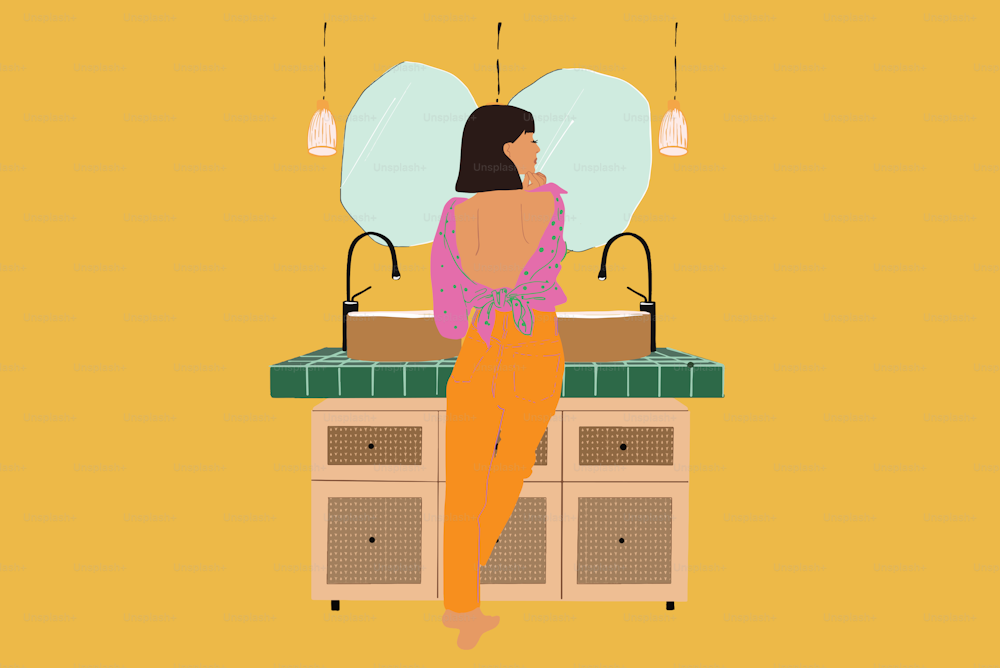 Young woman taking care of herself in the bathroom, standing back near table top with sinks and mirrors. Vector illustration in flat style