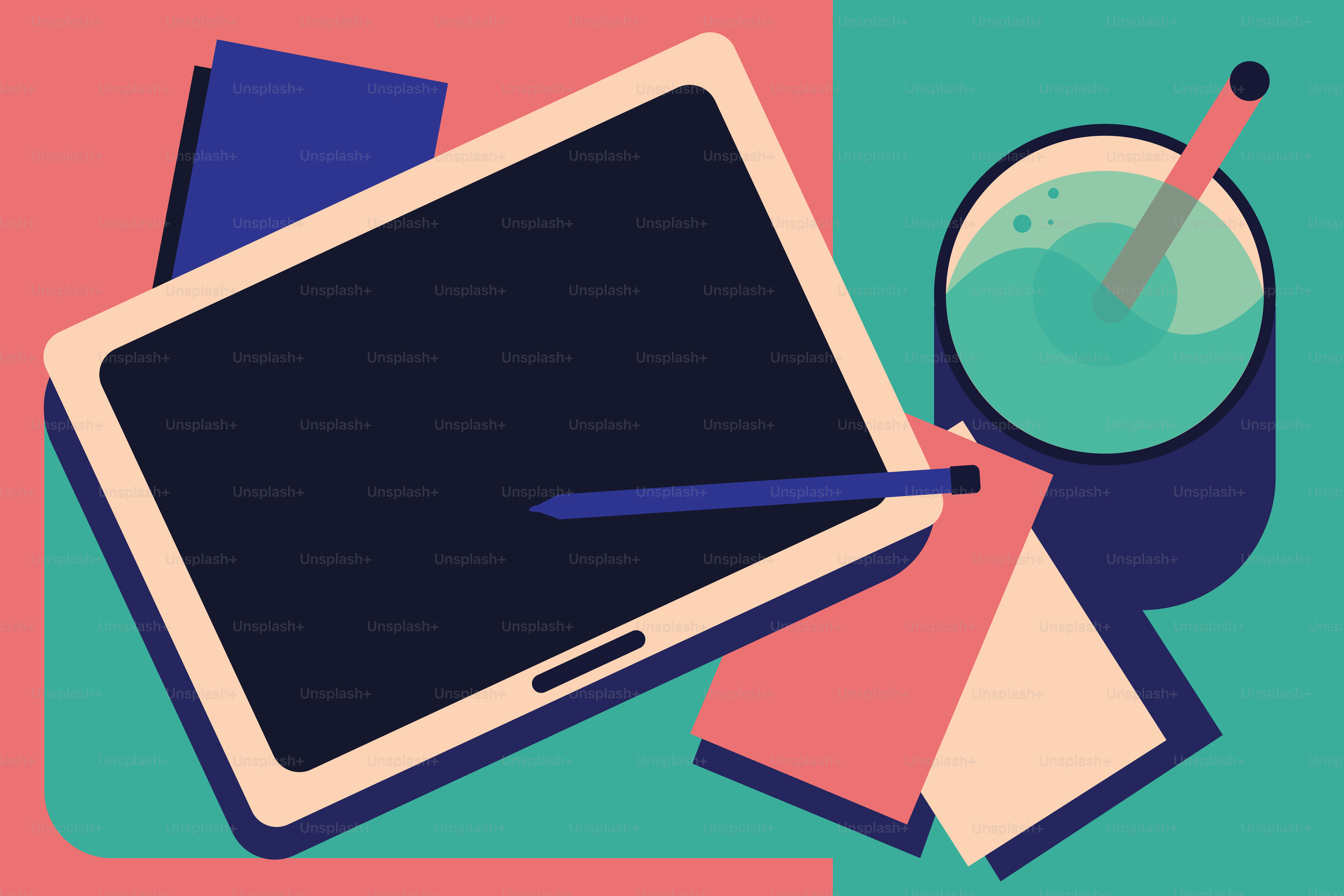 Flache Vektorillustration des Geschäftstisches. Draufsicht. Vektor-Illustration. Technologie, Tablet, Geschäftskonzept. Tablet im Büro für die Arbeit oder die Kommunikation in sozialen Netzwerken oder das digitale Zeichnen. Digitale technologische Geräte im täglichen Leben.