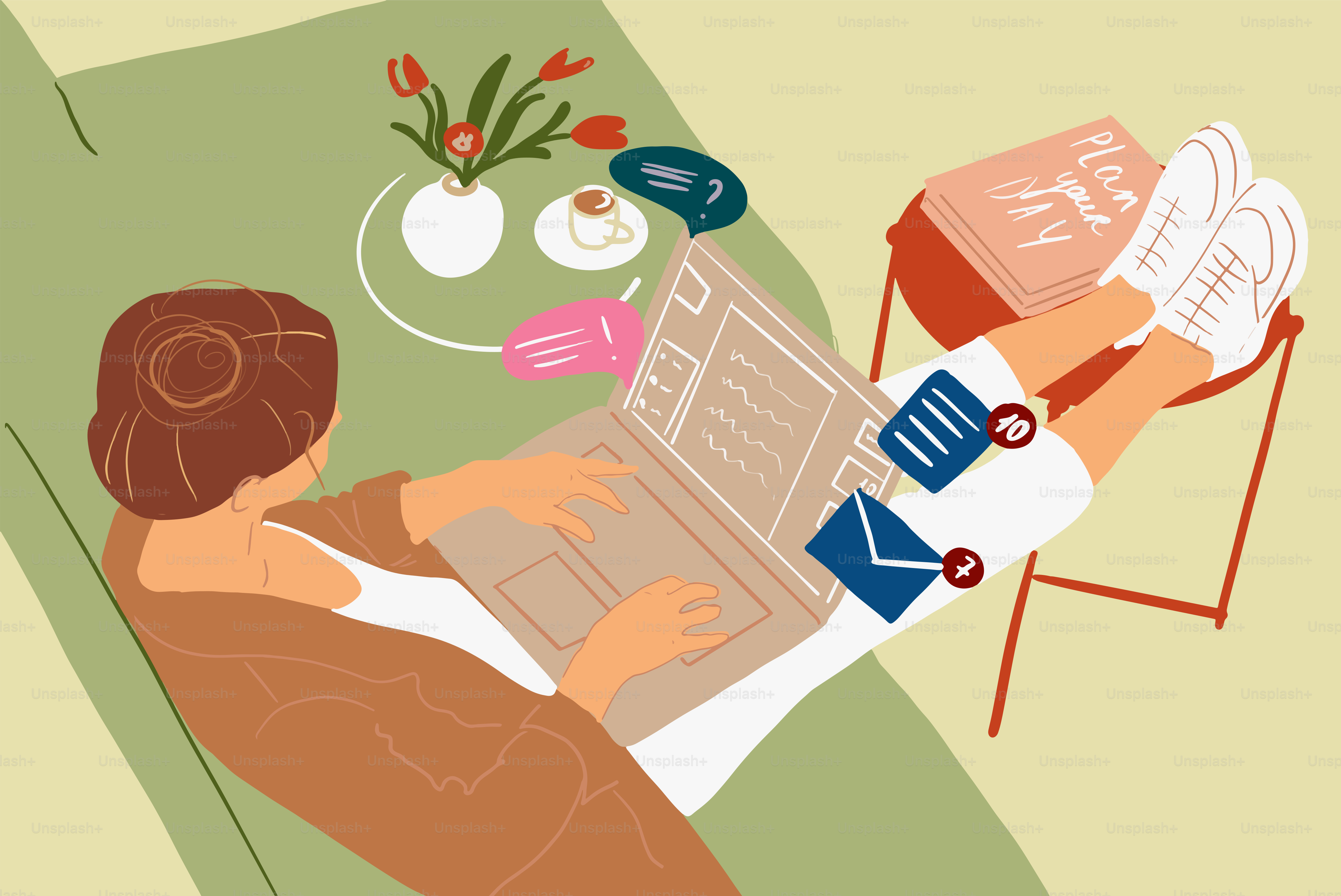 Femme d’affaires travaillant ou discutant en ligne sur un ordinateur portable depuis chez elle dans une atmosphère chaleureuse. Illustration vectorielle colorée dans un style dessin animé plat