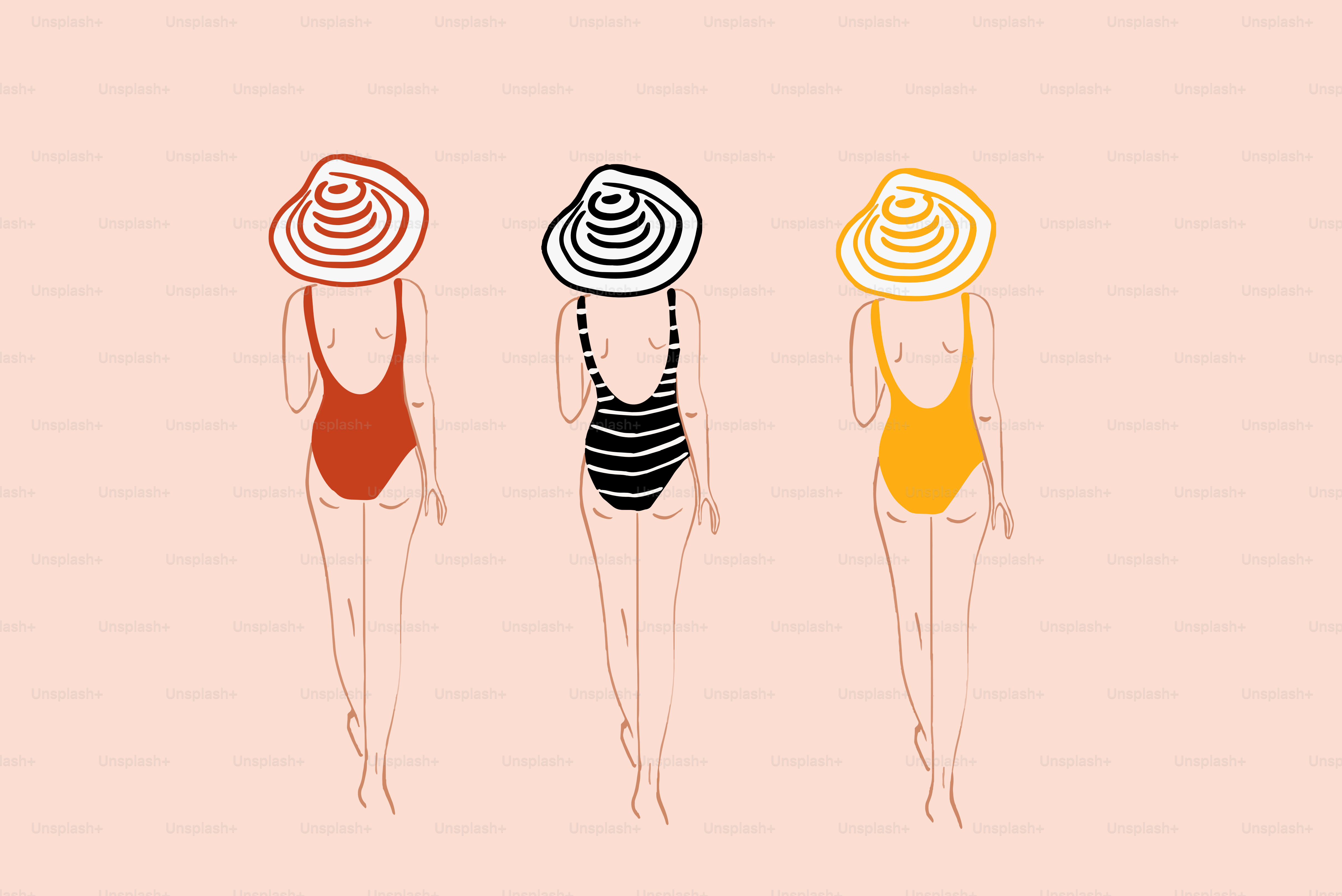 Drawing of a woman in swimsuit and sunhat in three colors on the background, backside. Colorful vector illustration in flat cartoon style