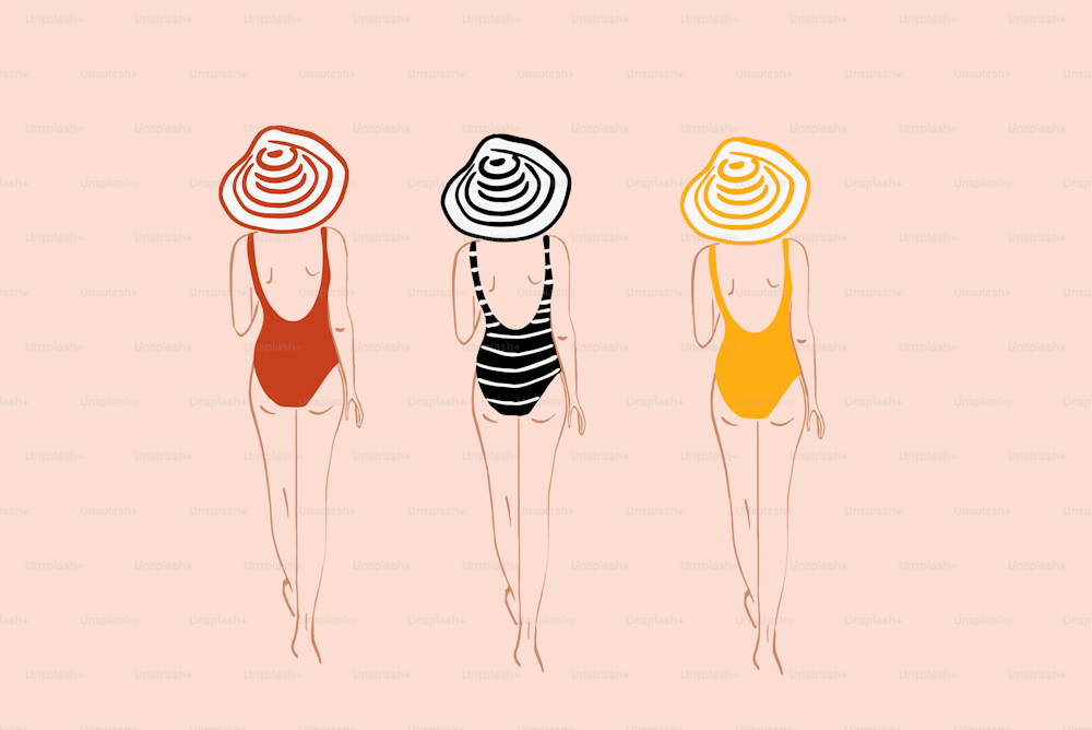 Dibujo de una mujer en traje de baño y sombrero para el sol en tres colores en el fondo, parte trasera. Ilustración vectorial colorida en estilo de dibujos animados planos