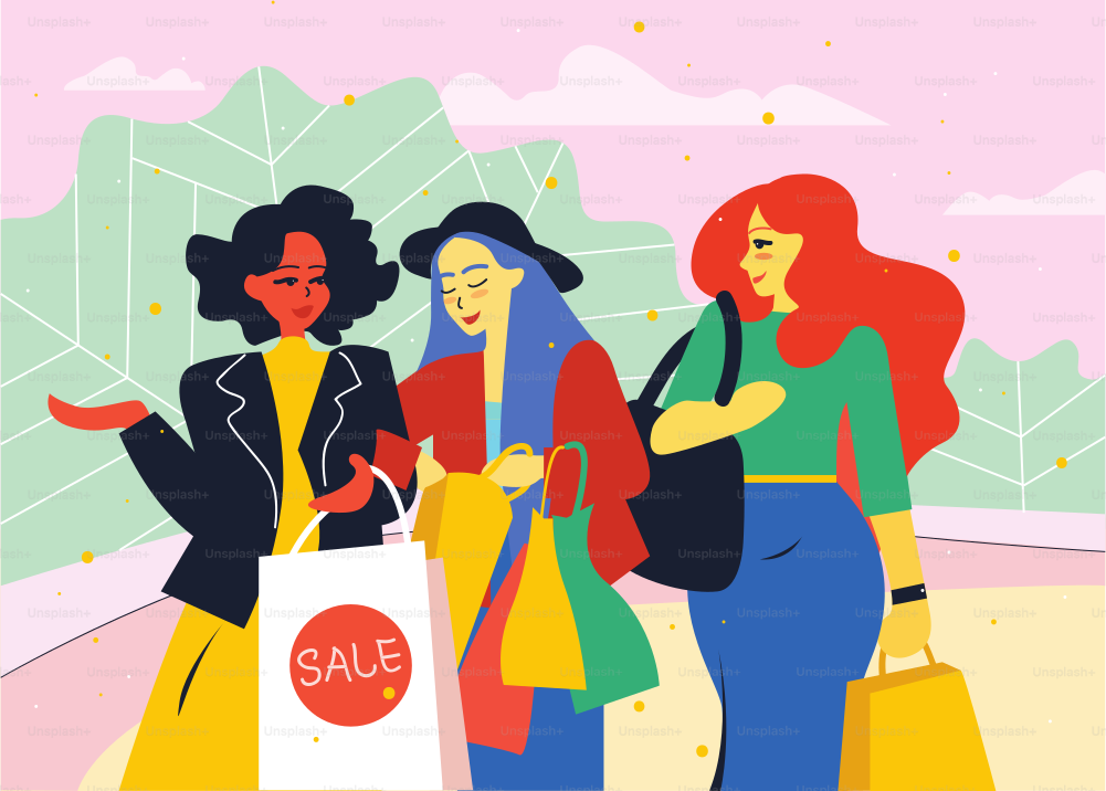 Female friends go from the store with shopping bags.