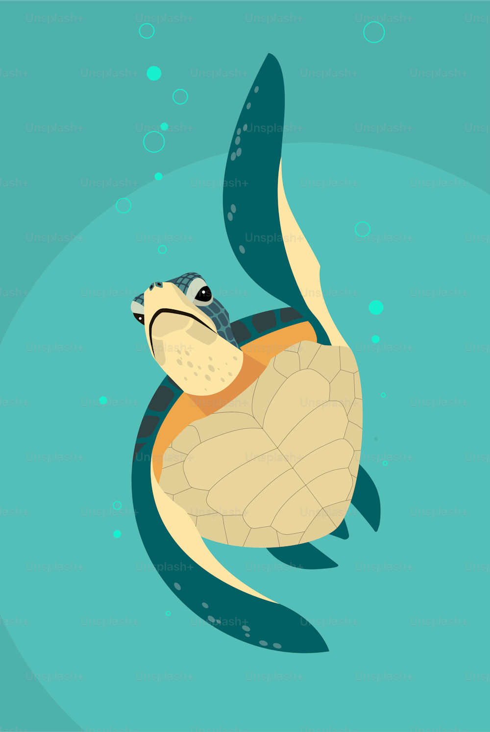 A green and yellow sea turtle rises from the depths of the sea to the surface, stylized image