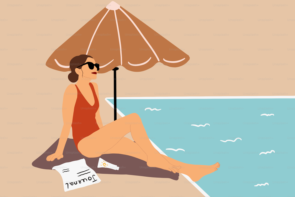 Vector illustration in flat style of a beautiful woman in swimwear sunbathing near the swimming pool during a summer vacation