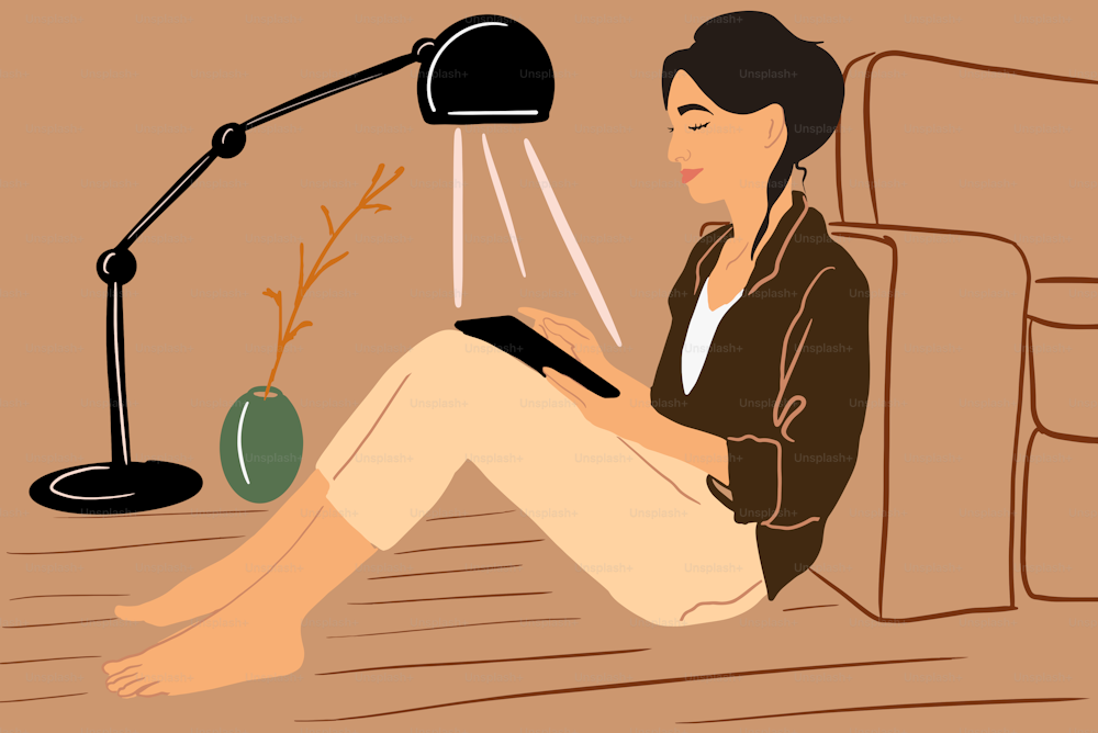 Woman reading on a digital tablet, sitting on the floor at night at home. Vector illustration in flat cartoon style