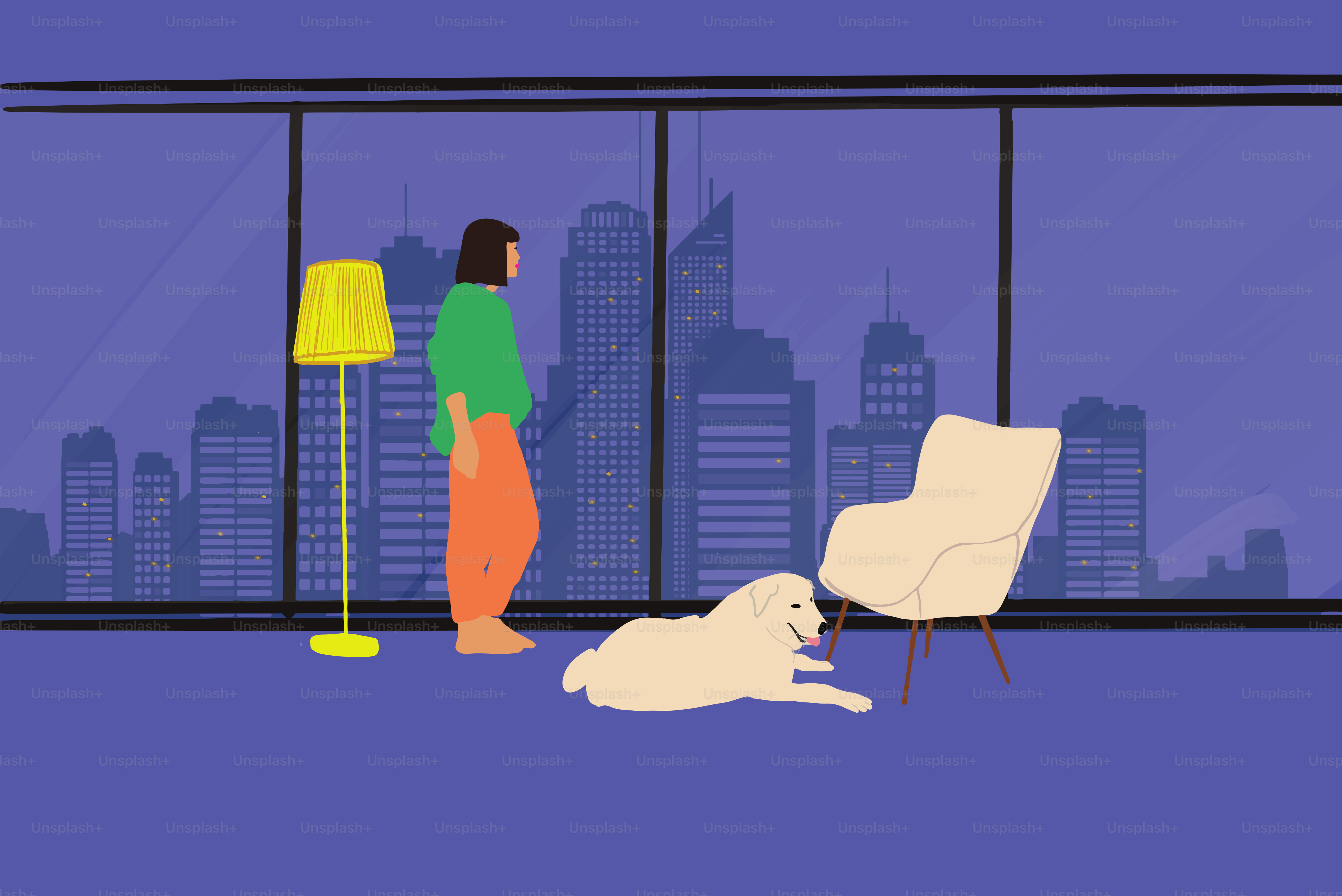 La mujer disfruta de un hermoso paisaje urbano, descansando con un perro cerca de la ventana panorámica con una gran vista en un apartamento moderno. Ilustración vectorial