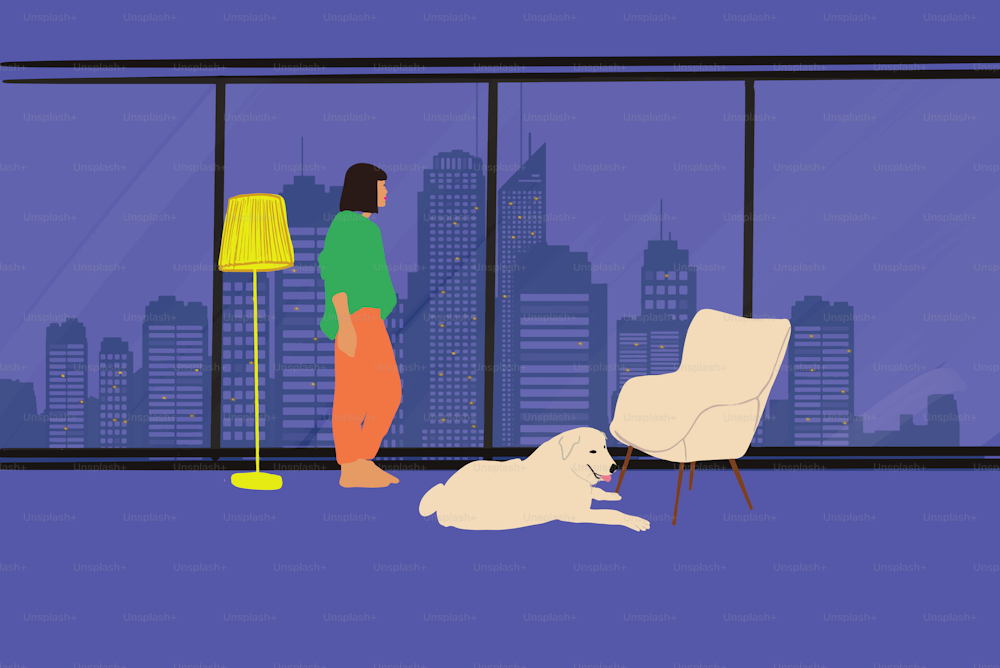 Woman enjoys beautiful cityscape, resting with a dog near panoramic window with great view at modern apartment. Vector illustration
