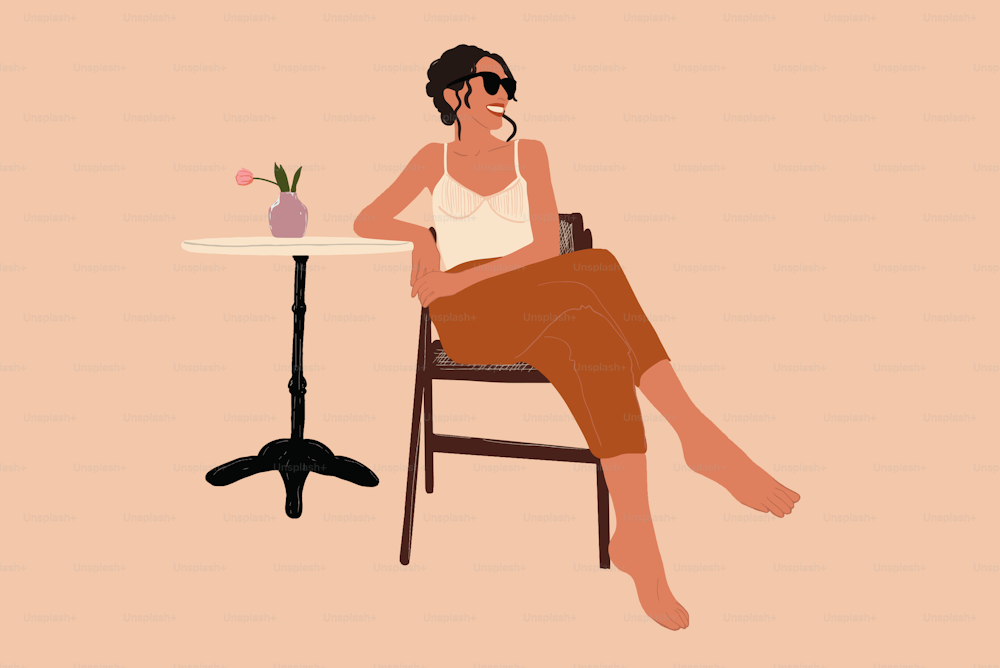 サングラスをかけたフランス風のコーヒーテーブルの近くの椅子に座ってくつろぐ女性。ベクターイラスト