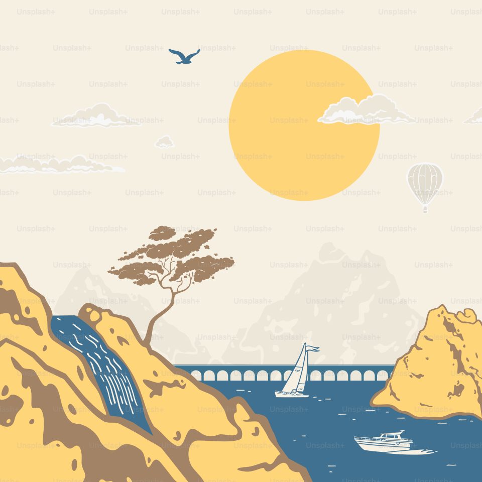 The Stencil Style Marine Landscape Vector Illustration