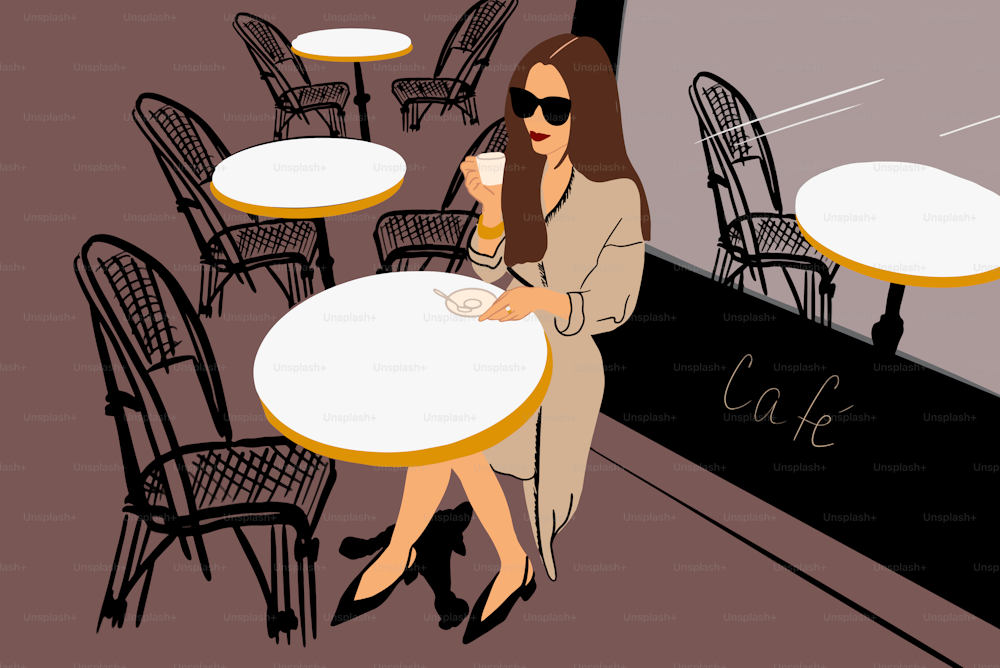 Ilustración vectorial de una mujer elegante disfrutando de un café en la terraza de la cafetería. Concepto de estilo francés y estilo de vida en París