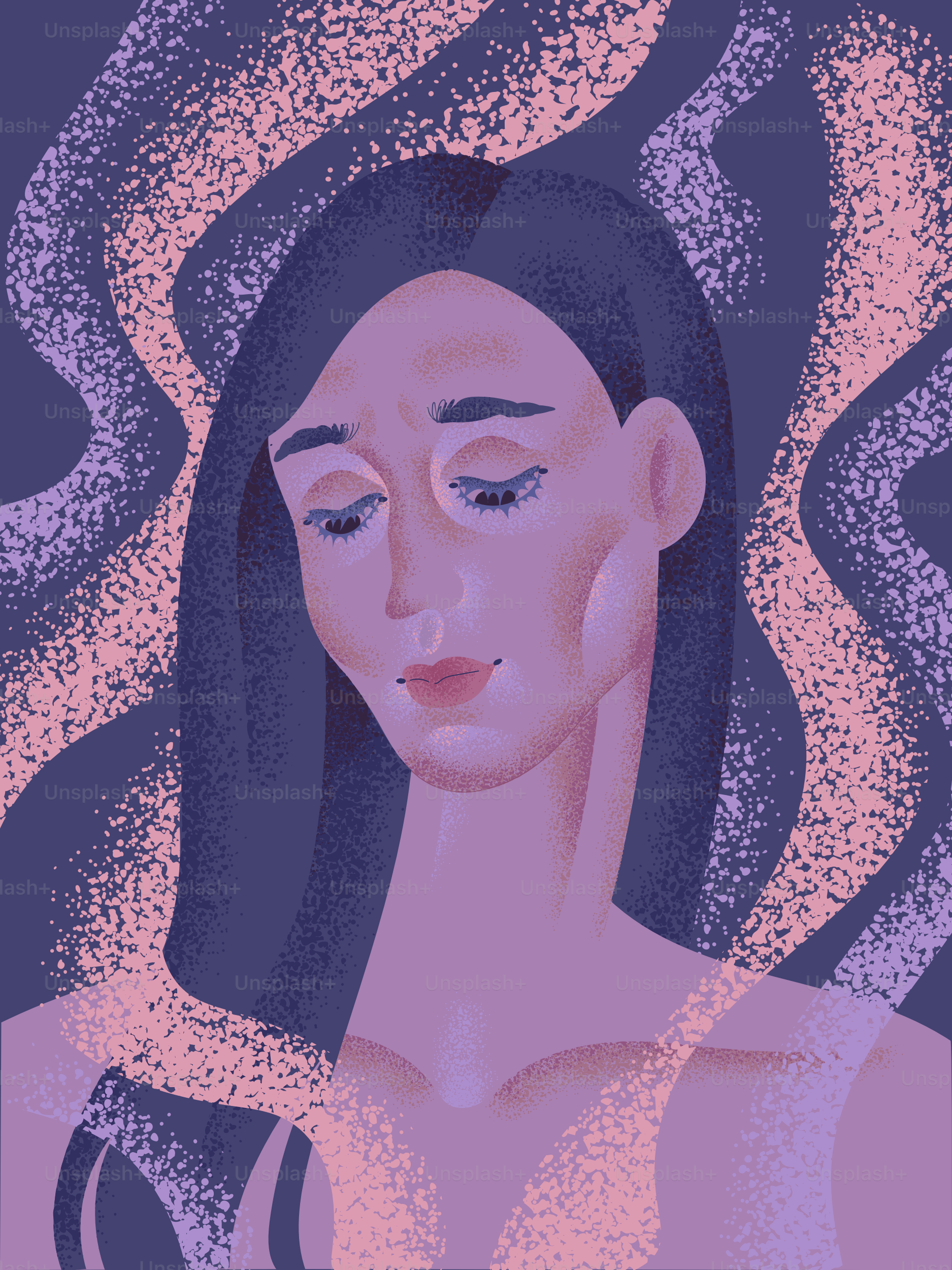 Retrato de una niña melancólica en colores oscuros. Vector.