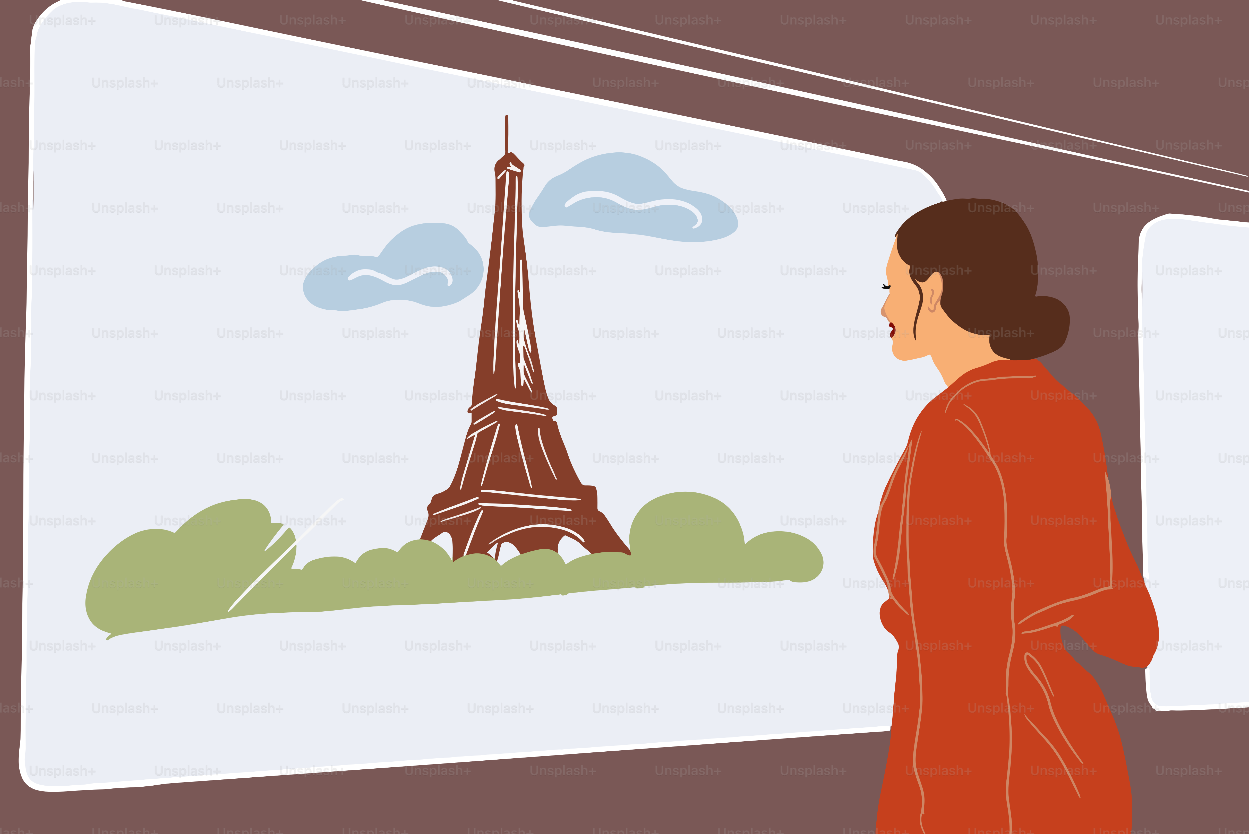 Young woman enjoying beautiful view on the Eiffel tower from the subway, traveling in Paris. Vector illustration in flat style