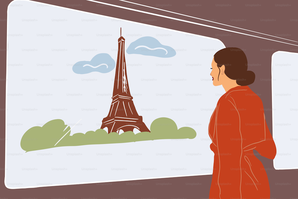 Giovane donna che gode di una bella vista sulla torre Eiffel dalla metropolitana, in viaggio a Parigi. Illustrazione vettoriale in stile piatto