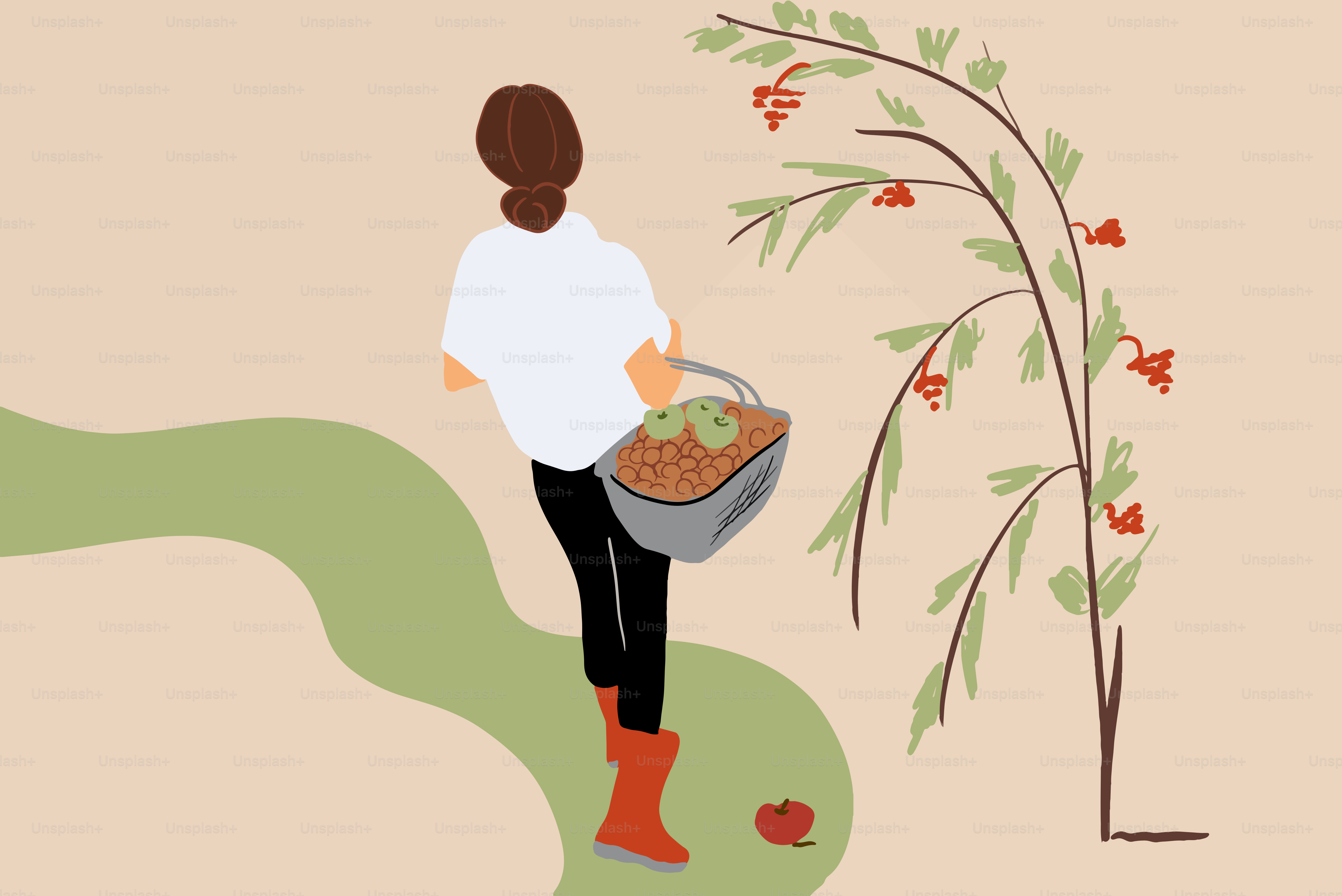 Vektorillustration einer jungen Frau, die im Garten oder Wald Beeren pflückt, Ansicht von hinten
