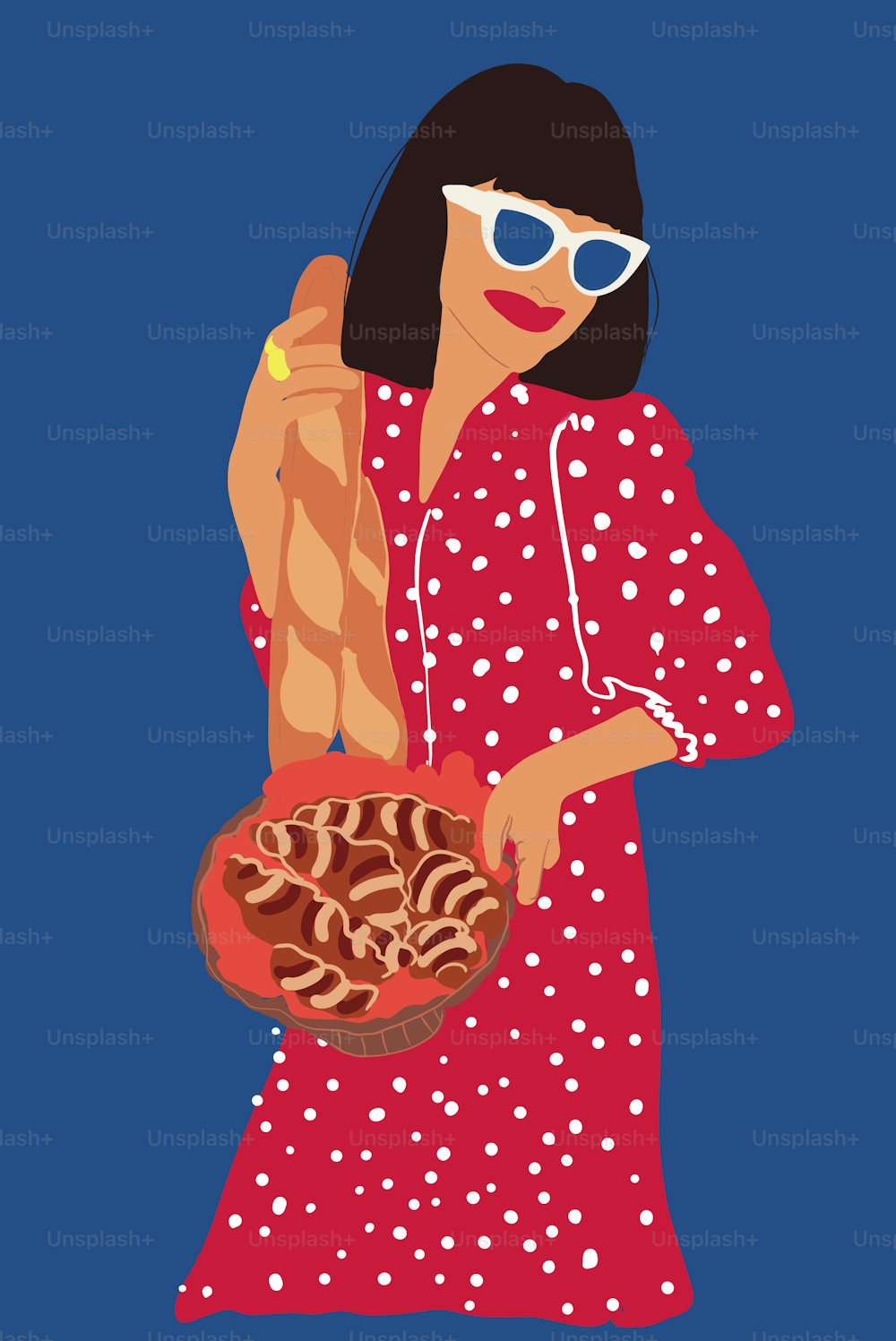 Portrait of a beautiful woman in red dress with croissant and baguette on background. Concept of french style. Vector illustration