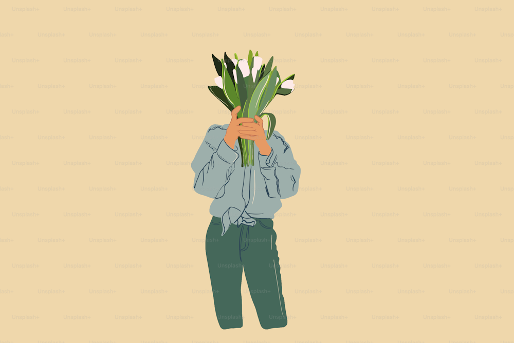 Woman keeping a bouquet of white tulips instead her head. Vector illustration in flat style and pastel tones. Spring and woman day concept.