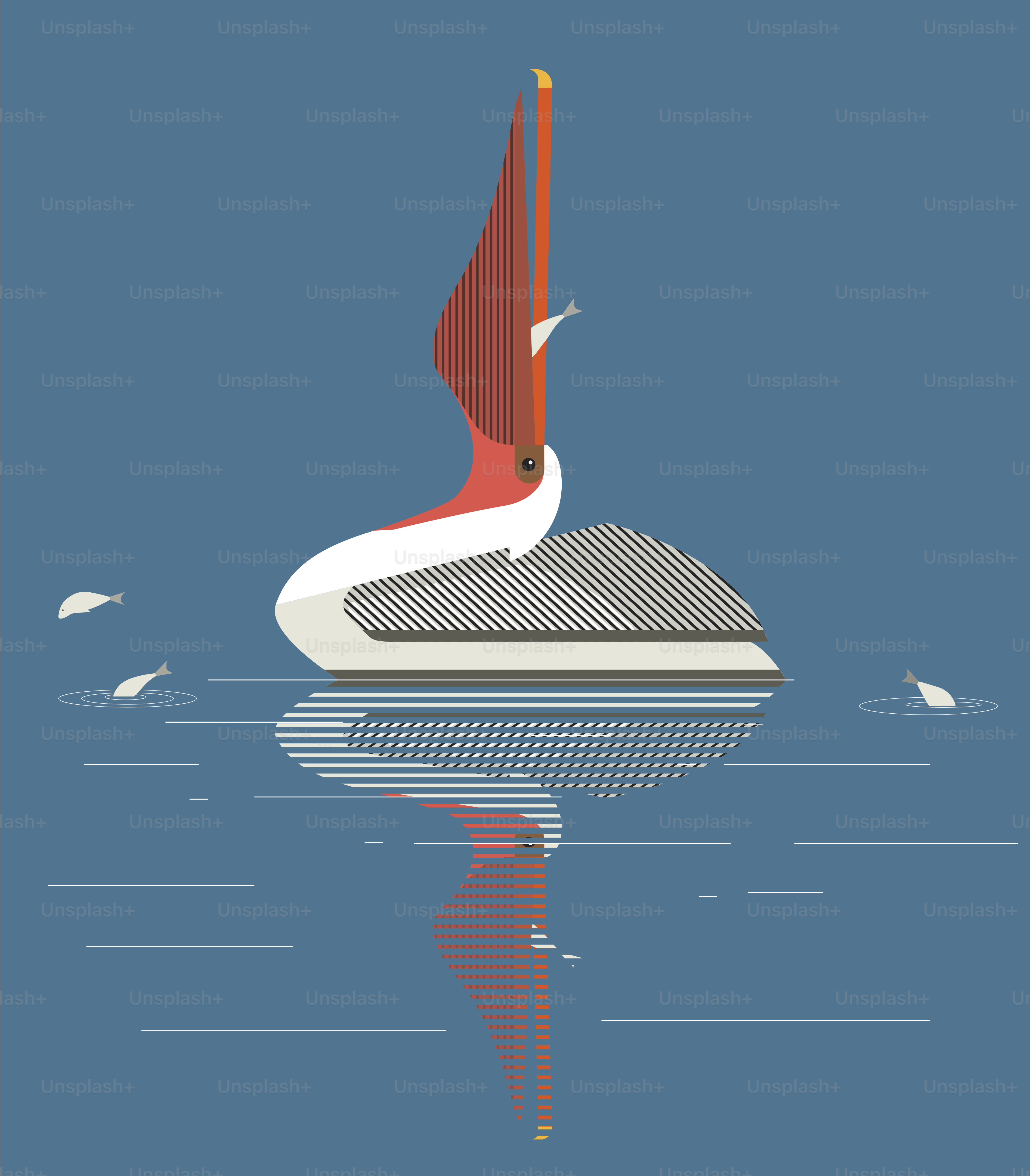 Pelícano pesca en el lago, vectorial, imagen minimalista