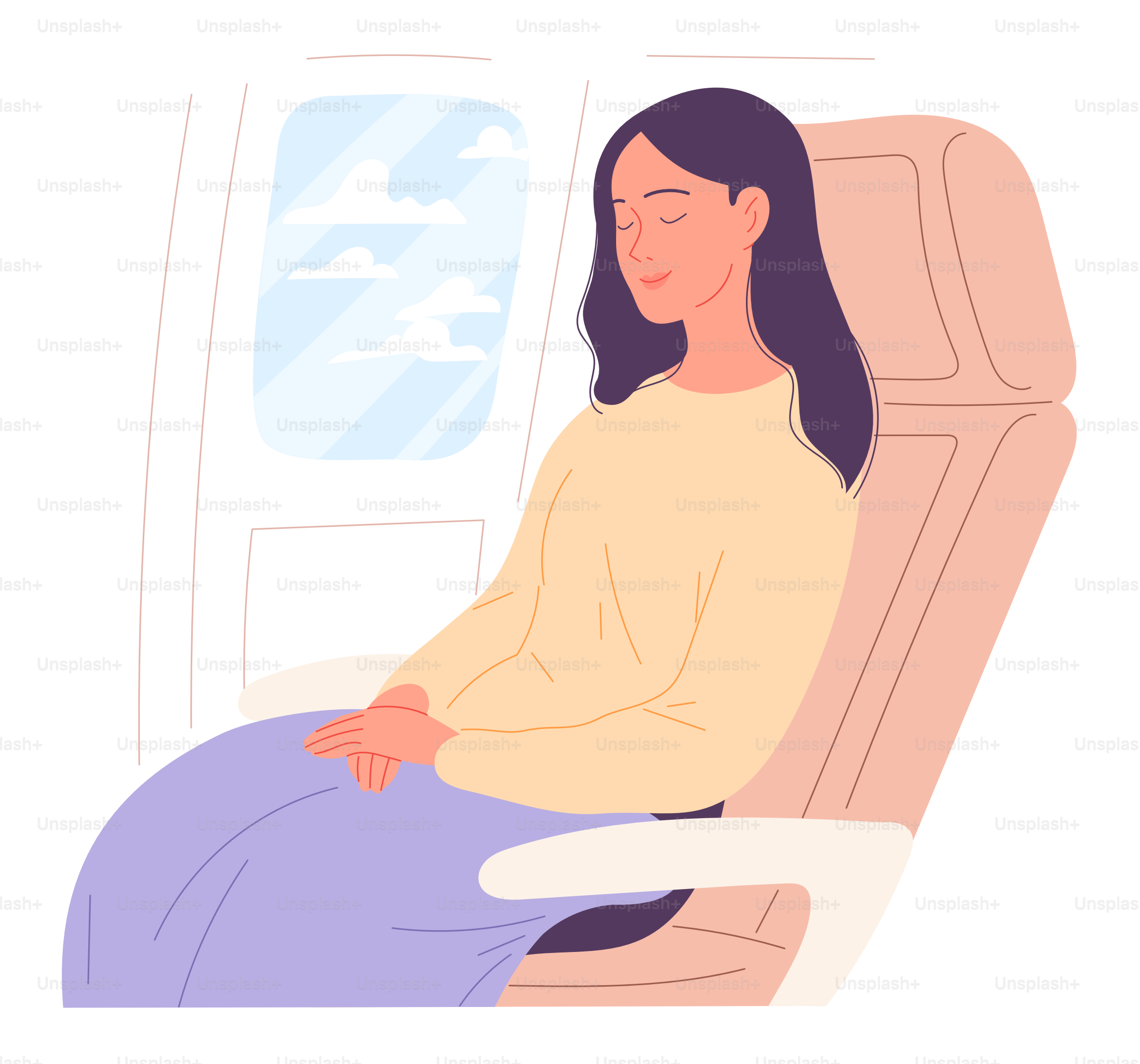 若い女性は飛行機で眠る。ベクターイラスト。