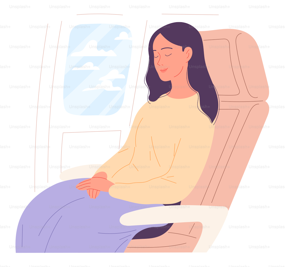 Giovane donna dorme su un aeroplano. illustrazione vettoriale.