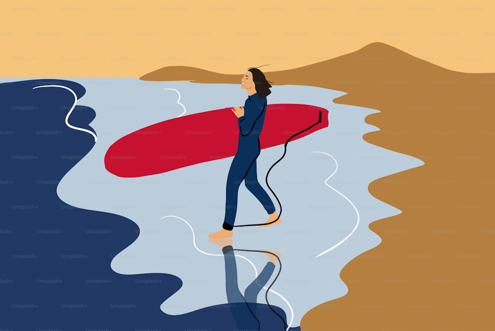 Young woman in wetsuit walking with surfboard on the beautiful wild beach. Vector illustration in flat cartoon style