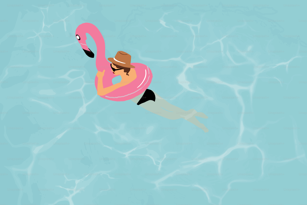 Woman with inflatable flamingo in the swimming pool. Concept of a summer vacation. Vector illustration in flat cartoon style