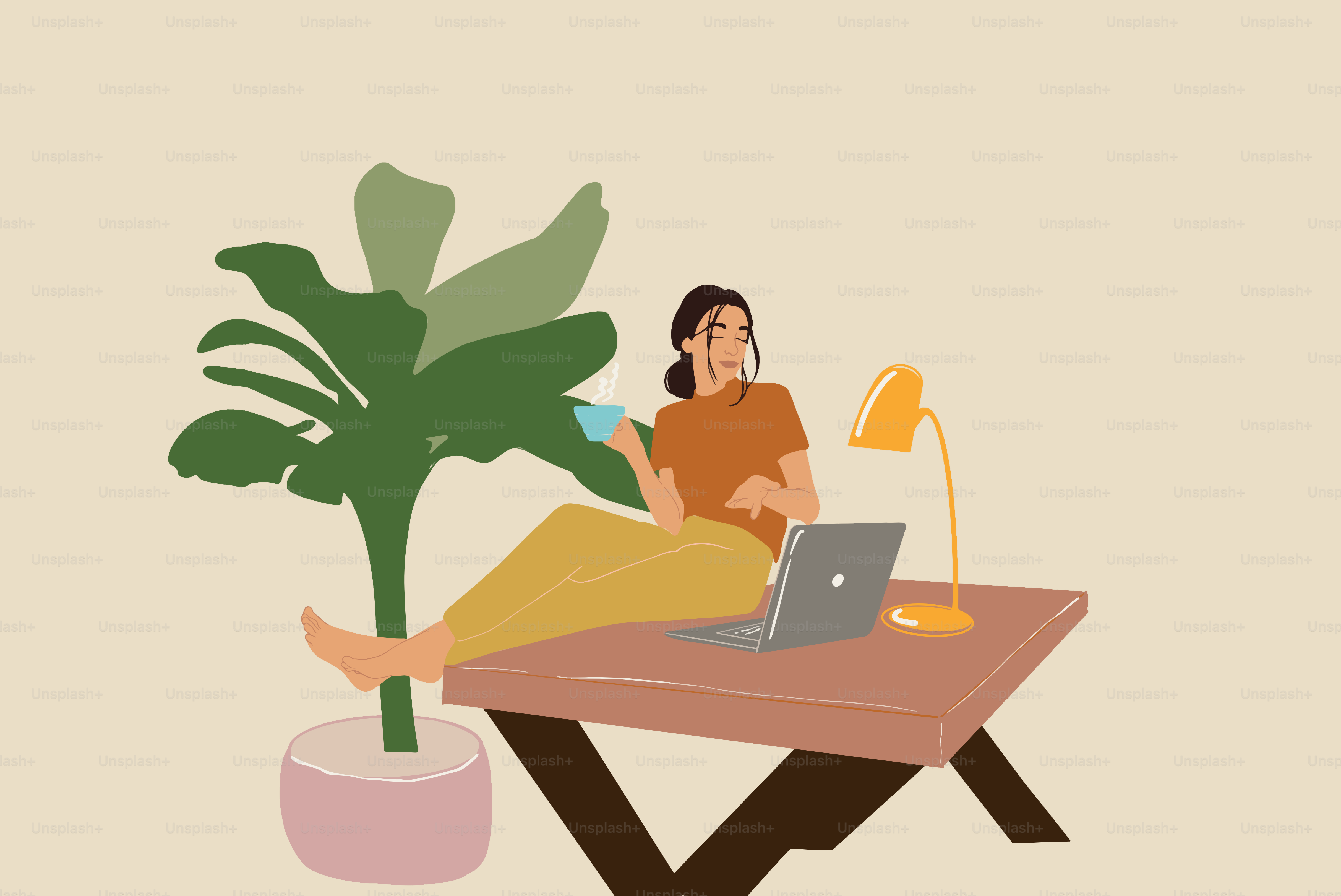 Frau arbeitet von zu Hause aus, während sie online mit Kollegen chattet und im Hintergrund Kaffee und Bananenbaum trinkt. Vektorillustration in Pastelltönen.